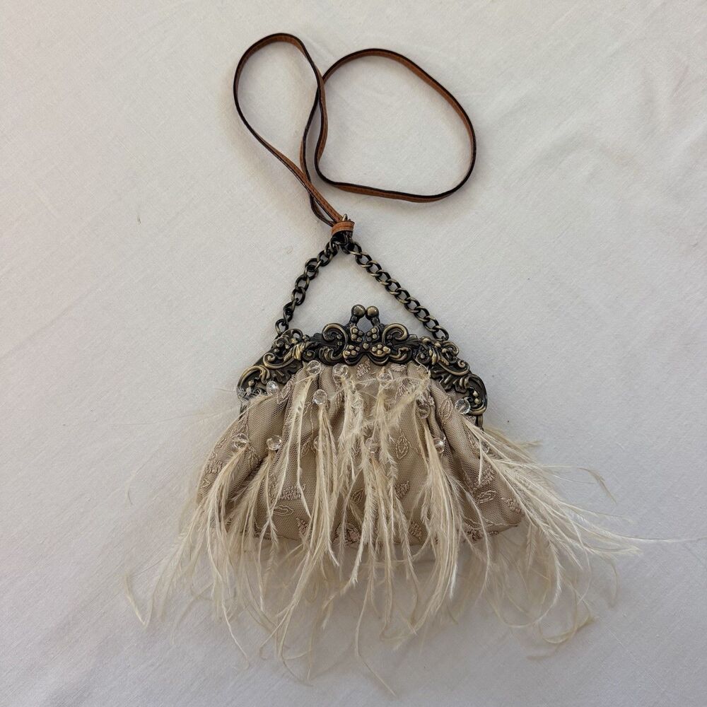 Feather Evening Bag Ivory Beaded Kiss Lock Ornate Frame Chain Purse Y2K